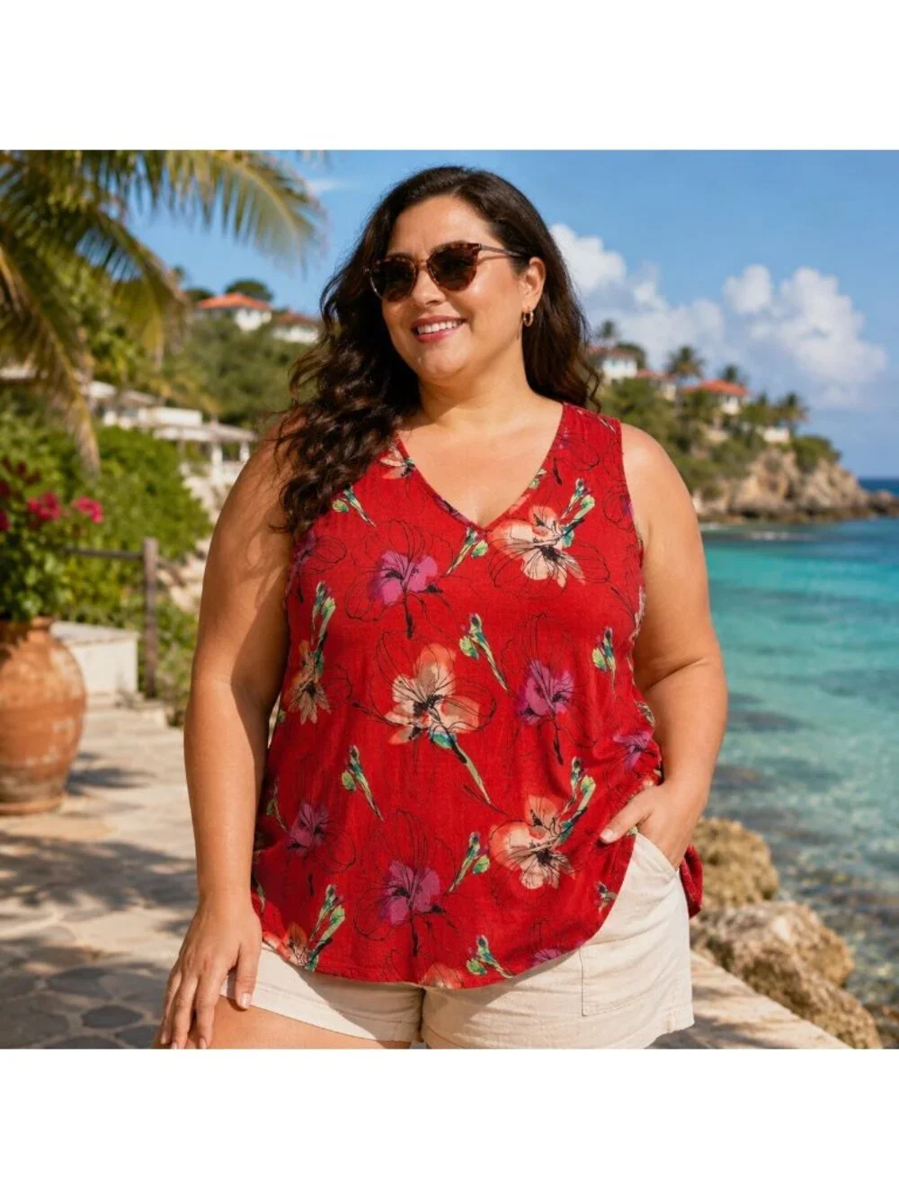 Apt. 9 Essentials Womens Red Tropical Floral Sleeveless V-Neck Tank Top XXL - Picture 1 of 9